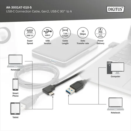 AK-300147-010-S Usb 3.1 Bağlantı Kablosu, C 90Ø, A’Ya Dirseklenmiş M/M, 1,0M, Tam Donanımlı, Gen2, 3A, 10Gb Ce, Syh