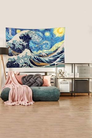 Ontheclouds Mavi-Beyaz Katsushika Hokusai Serisi Leke Tutmaz Kadife Kumaş Duvar Örtüsü Duvar Halısı Tapestry, 70 x 100