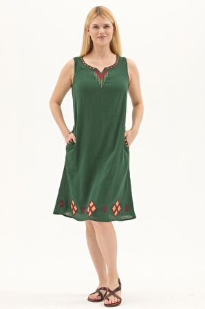 Şile Bezi Yeşil Kolsuz Nakışlı Otantik Yazlık Elbise