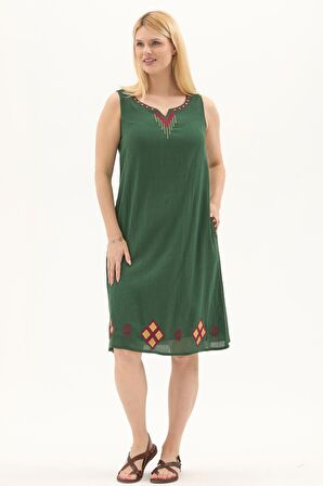 Şile Bezi Yeşil Kolsuz Nakışlı Otantik Yazlık Elbise