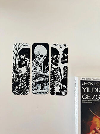 Siyah Beyaz İskelet Tasarımlı Kitap Ayracı 3’lü Set