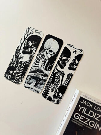 Siyah Beyaz İskelet Tasarımlı Kitap Ayracı 3’lü Set