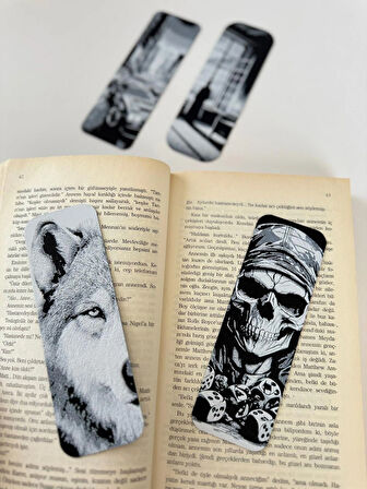  Modern ve Sanatsal 4’lü Kitap Ayracı Seti – Kurt, Şehir, İskelet ve Özel Figür Tasarımlar