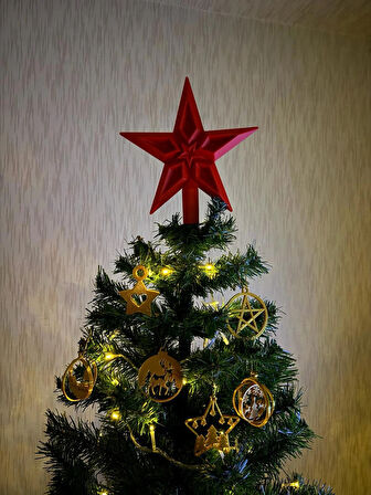 Yılbaşı Çam Ağacı Tepe Yıldızı Kırmızı + 6’lı Gold Ağaç Süsü Seti-Yılbaşı Ağacı