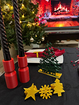 Yılbaşı Sofra Dekor Seti 9 Parça — 6’lı Peçete Yüzüğü,Şamdan, Ağaç Figürlü Peçetelik