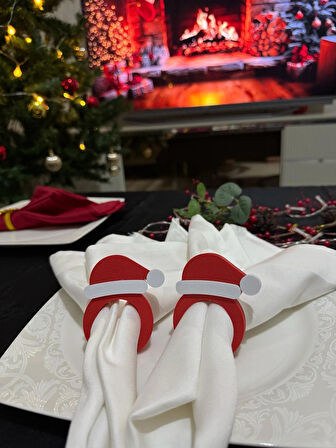 Peçetelik Yılbaşı Noel Şapka 6’lı Set Kırmızı Beyaz Sofra Dekoru, Peçete Halkası / Peçete Yüzüğü