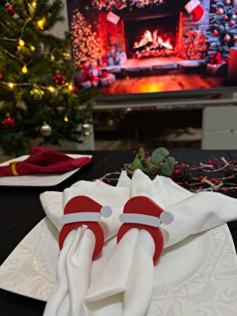 Peçetelik Yılbaşı Noel Şapka 6’lı Set Kırmızı Beyaz Sofra Dekoru, Peçete Halkası / Peçete Yüzüğü