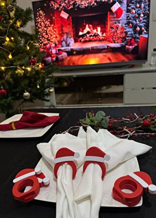 Peçetelik Yılbaşı Noel Şapka 6’lı Set Kırmızı Beyaz Sofra Dekoru, Peçete Halkası / Peçete Yüzüğü