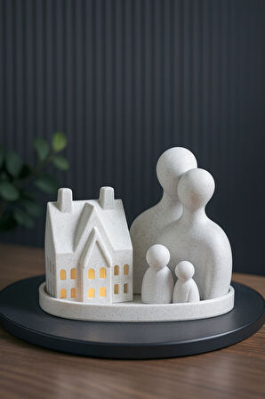  Romantik Aile Figürlü Ev Tasarımlı Dekoratif Mumluk-Tealight Mumluk Seti