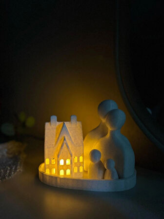  Romantik Aile Figürlü Ev Tasarımlı Dekoratif Mumluk-Tealight Mumluk Seti