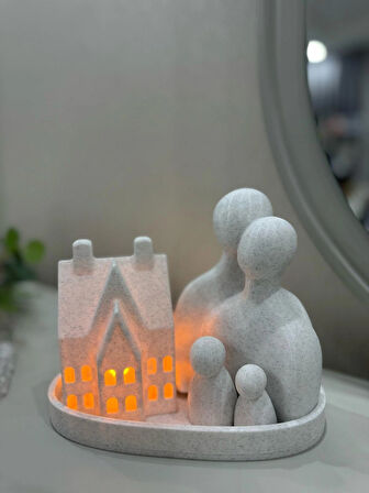  Romantik Aile Figürlü Ev Tasarımlı Dekoratif Mumluk-Tealight Mumluk Seti