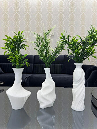 3’lü Modern Beyaz Dekoratif Vazo Seti – Minimalist Şık Masa ve Salon Aksesuarı