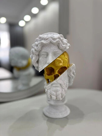 Altın Kafatası Detaylı Dekoratif Büst Heykel Modern Masaüstü ve Salon Aksesuarı