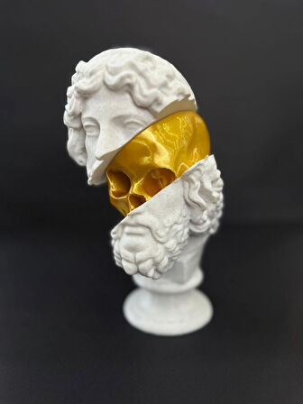 Altın Kafatası Detaylı Dekoratif Büst Heykel Modern Masaüstü ve Salon Aksesuarı