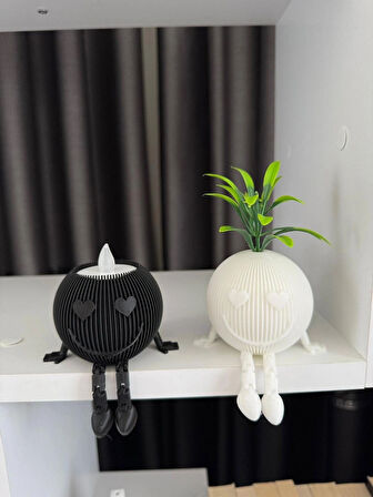 Siyah Beyaz 2'liGülücük Figür Saksı ve Mumluk – Modern Dekoratif Obje