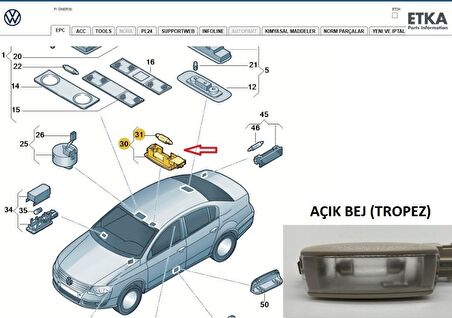 Passat B7 (2011 -- 2015) Makyaj Lambası (Açık Bej) 1K0947109