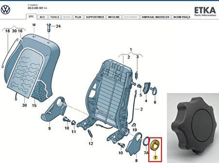 Caddy (2004 -- 2011) Sırt Koltuk Ayar Kolu. Gri, Orijinal Ürün