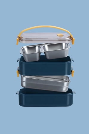 Bento Lunch Box Ofis-Okul İçin Yeni Nesil Sefer Tası 2 kat Taşıma Kulplu Çelik FF367 Lacivert
