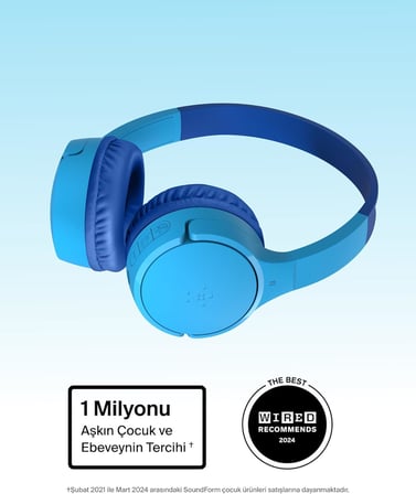 SoundForm Mini Çocuk Kablosuz Kulaklık (Mavi) – Dahili Mikrofon, 30 Saat Çalma, Eğlenceli Çıkartmalar, iPhone, iPad ve Galaxy Uyumlu