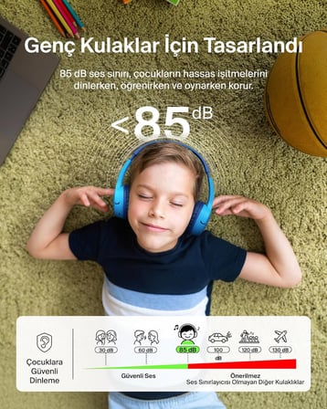 SoundForm Mini Çocuk Kablosuz Kulaklık (Mavi) – Dahili Mikrofon, 30 Saat Çalma, Eğlenceli Çıkartmalar, iPhone, iPad ve Galaxy Uyumlu
