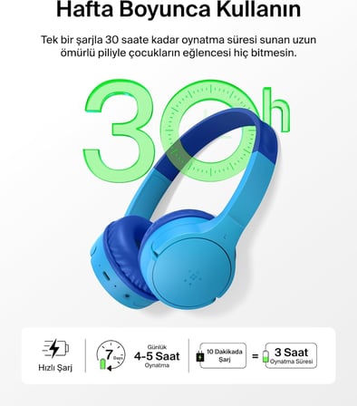 SoundForm Mini Çocuk Kablosuz Kulaklık (Mavi) – Dahili Mikrofon, 30 Saat Çalma, Eğlenceli Çıkartmalar, iPhone, iPad ve Galaxy Uyumlu