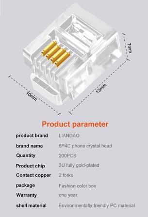 PX-6P4C RJ11-4lü 4 Pinli Konnektör, 100’lü Paket 6P4C Telefon Jack, RJ11 Telefon Kablo Ucu, Modem DSL Fax Santral Hat Kablosu Sonlandırma Konnektörü, Şeffaf RJ11 Plug