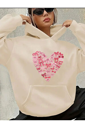 Kalp Fiyonk Baskılı İçi Polarlı Kapüşonlu Sweatshirt