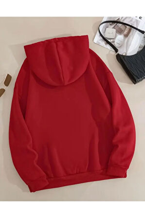 Kalp Fiyonk Baskılı İçi Polarlı Kapüşonlu Sweatshirt