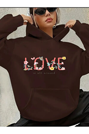 Love Yazı Detay Baskılı İçi Polarlı Kapüşonlu Sweatshirt