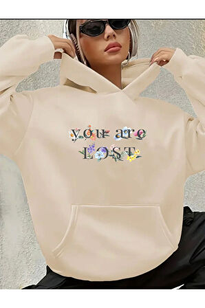You Are Lost Yazı Detaylı Kapüşonlu Sweatshirt