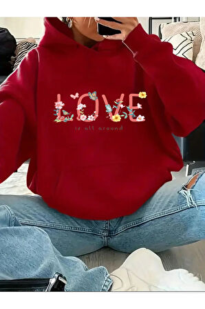 Love Yazı Detay Baskılı İçi Polarlı Kapüşonlu Sweatshirt