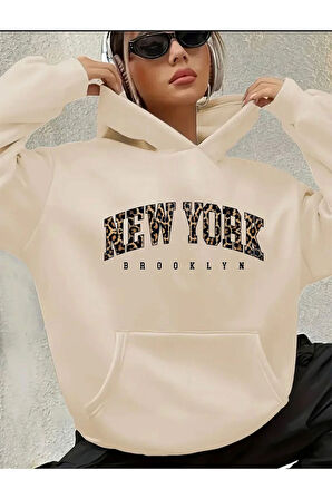 New York Yazı Detay Baskılı İçi Polarlı Kapüşonlu Sweatshirt