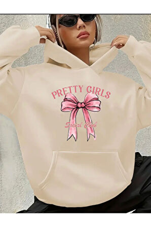 Pertty Gırls Yazı Detay Baskılı İçi Polarlı Kapüşonlu Sweatshirt