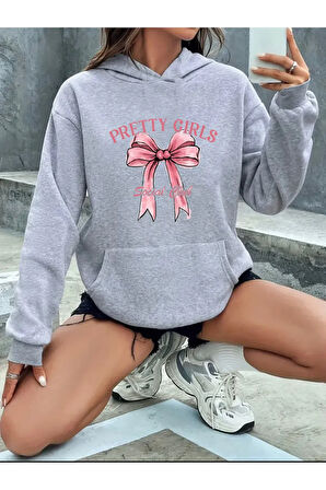 Pertty Gırls Yazı Detay Baskılı İçi Polarlı Kapüşonlu Sweatshirt