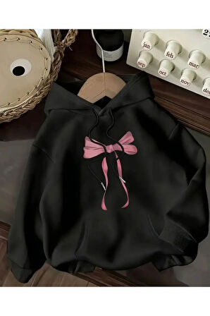 Kurdele Baskılı İçi Polarlı Kapüşonlu Sweatshirt