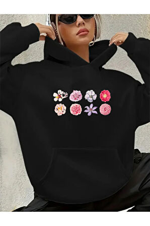 Çiçekler Baskılı İçi Polarlı Kapüşonlu Sweatshirt