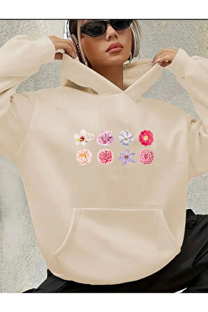 Çiçekler Baskılı İçi Polarlı Kapüşonlu Sweatshirt