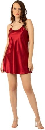 miorre Ince Askılı Mini Saten Gecelik,Alev Kırmızı S/M,1590123458002