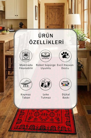 Kırmızı Siyah Mutfak Tezgah Önü Yıkanabilir Dijital Baskılı Halı
