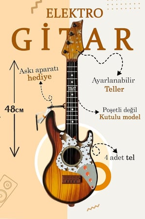 48Cm Oyuncak Elektro Gitar - Akort Edilebilir 6 Telli Kahverengi Elektro Çocuk Gitarı Askı Aparatlı Çok Renkli
