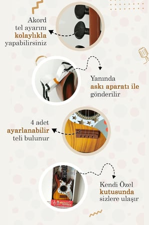 48Cm Oyuncak Elektro Gitar - Akort Edilebilir 6 Telli Kahverengi Elektro Çocuk Gitarı Askı Aparatlı Çok Renkli