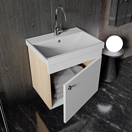 Karen Banyo Milano 50 Cm Lavabolu Banyo Dolabı, Lavabo Dahil, Ayna Dahil, Sonomo Meşe