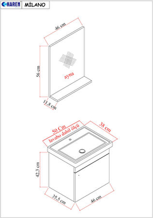 Karen Banyo Milano 50 Cm Lavabolu Banyo Dolabı, Lavabo Dahil, Ayna Dahil, Sonomo Meşe