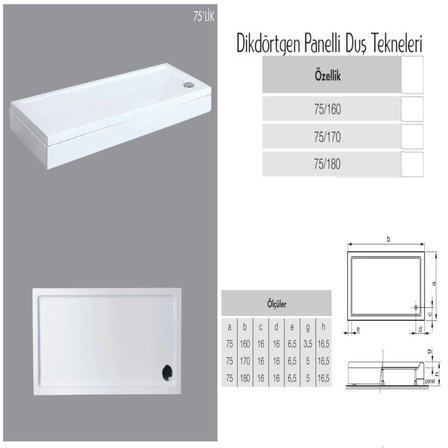 Dikdörtgen Panelli Duş Teknesi H:15-16cm