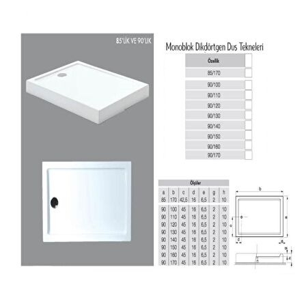 Dikdörtgen Monoblok Duş Teknesi H:10 cm