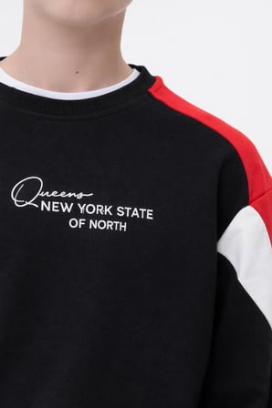 Erkek Çocuk / Genç Nakış Detaylı Renk Bloklu Oversize Sweatshirt ve Eşofman Altı Takımı