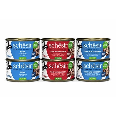 Schesir klasik lezzetler jelly kedi yaş maması 85 gr 6'lı (2 ton-2 ton levrek-2 ton karides) kedi konserve ıslak mama