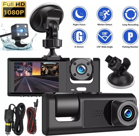 H309 Full Hd 1080P Üç Kameralı Araç Içi Kamera Araba Güvenlik Kamerası Gece Görüşü Ön Geri iç Kayıt IR LED
