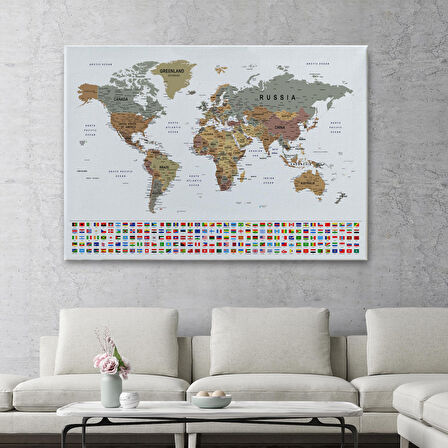 Harita Sepeti Dünya Haritası Son Derece Ayrıntılı Eğitici ve Bayraklı Dekoratif Kanvas Tablo2808