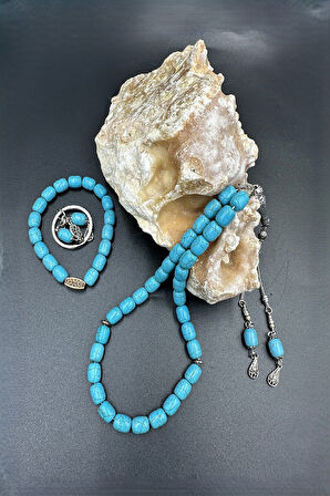 Mavi Ceyt Taşı Set Alpaka Püskül Tespih (Ahşap Kutulu)